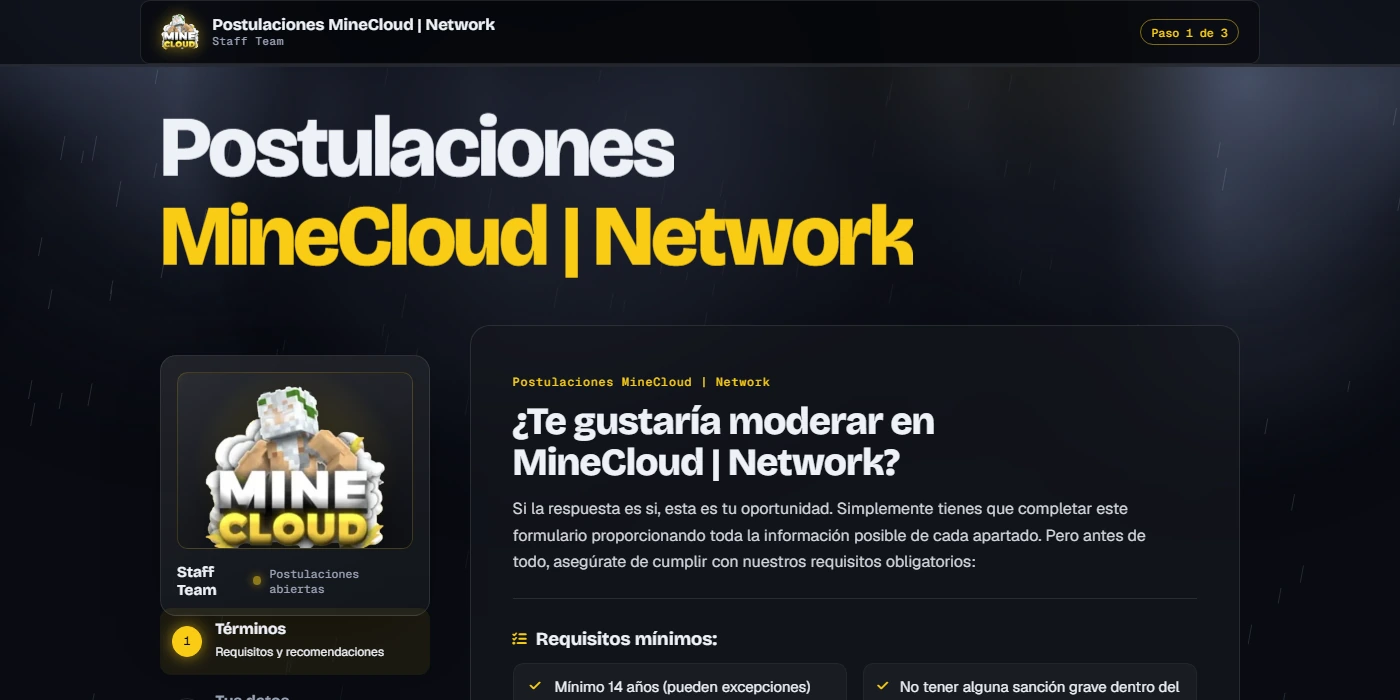 Captura del formulario de postulación de MineCloud